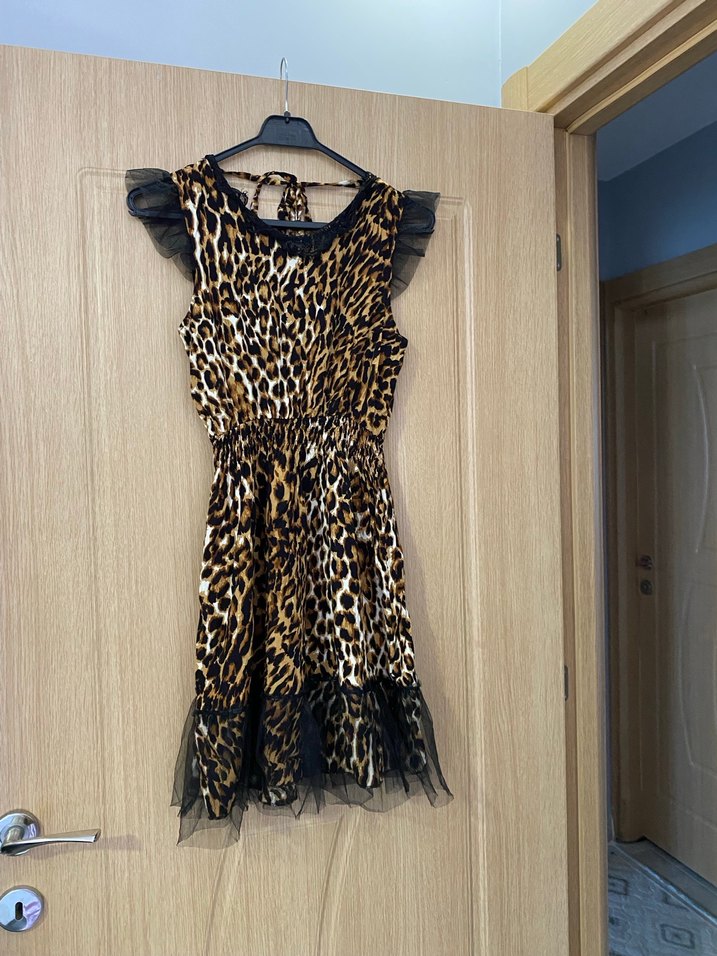 Kürk Detaylı Leopar Desenli Mini Elbise - Görsel 4