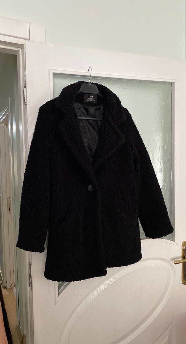 Siyah Kadın Peluş Midi Kaban - Görsel 2