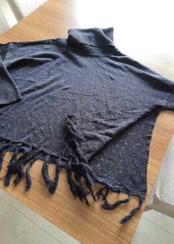 Bohem Tarz lacivert Yün Kadın Boğazli panço - Görsel 3