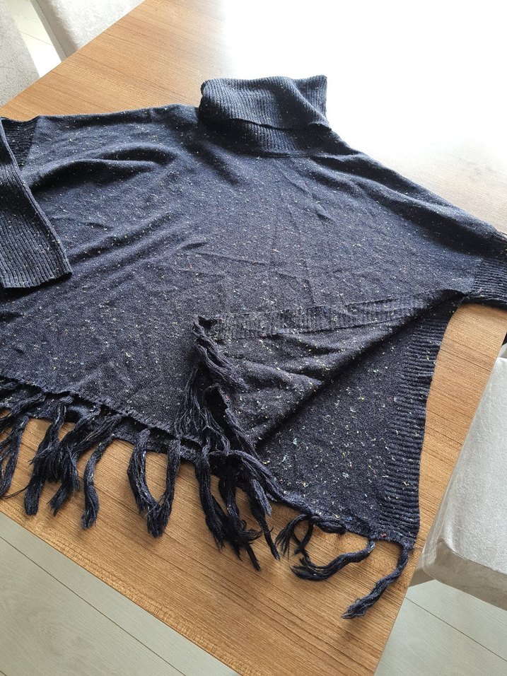 Bohem Tarz lacivert Yün Kadın Boğazli panço - Görsel 3