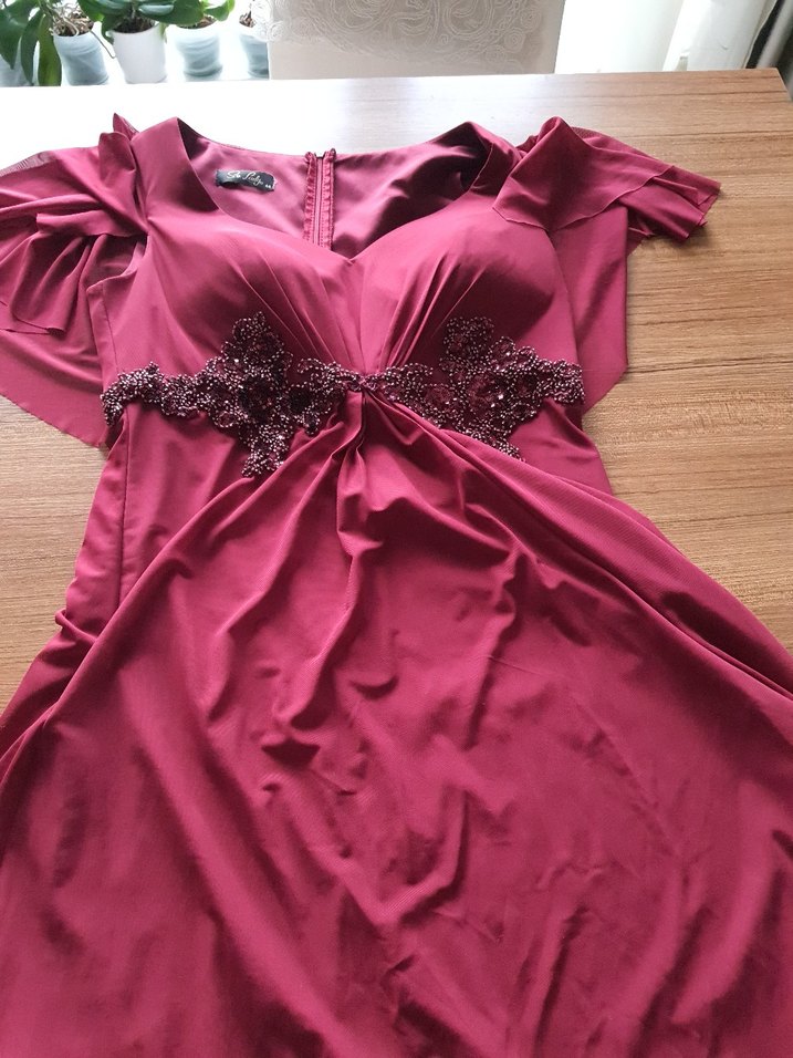 Bordo V Yakalı Uzun Drapeli Kadın Abiye Elbise - Görsel 5