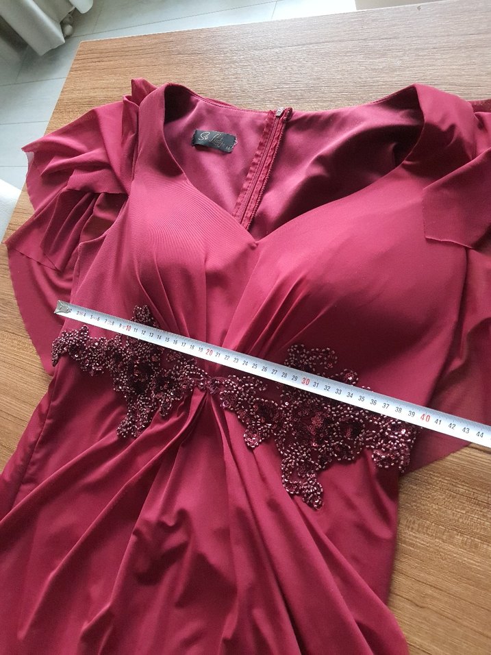 Bordo V Yakalı Uzun Drapeli Kadın Abiye Elbise - Görsel 4