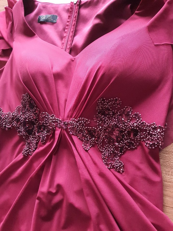 Bordo V Yakalı Uzun Drapeli Kadın Abiye Elbise - Görsel 3