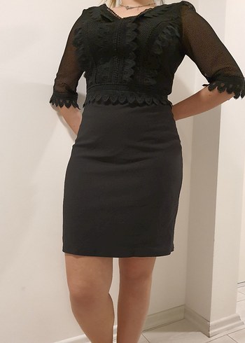 Dantel Detaylı V Yaka Siyah Midi Elbise - Görsel 5