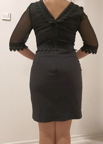 Dantel Detaylı V Yaka Siyah Midi Elbise - Görsel 6