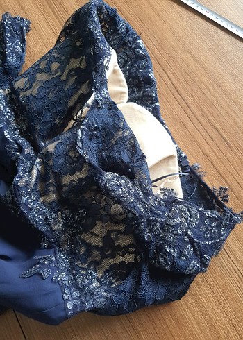 Dantel Detaylı Lacivert Uzun Abiye Elbise - Görsel 5