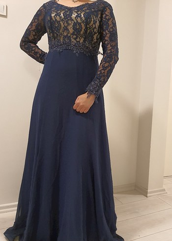 Dantel Detaylı Lacivert Uzun Abiye Elbise - Görsel 7