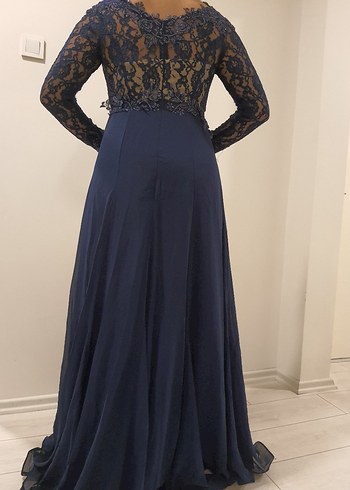 Dantel Detaylı Lacivert Uzun Abiye Elbise - Görsel 8