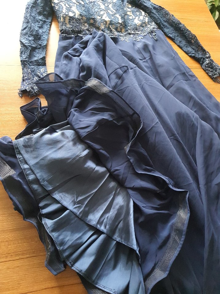 Dantel Detaylı Lacivert Uzun Abiye Elbise - Görsel 2