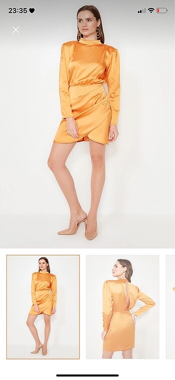 Turuncu Dik Yaka Dokuma Saten Kısa Şık Abiye Elbise - Görsel 6