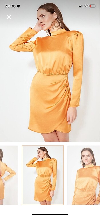 Turuncu Dik Yaka Dokuma Saten Kısa Şık Abiye Elbise - Görsel 5