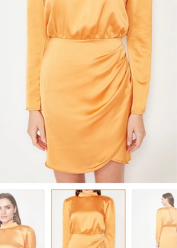 Turuncu Dik Yaka Dokuma Saten Kısa Şık Abiye Elbise - Görsel 2