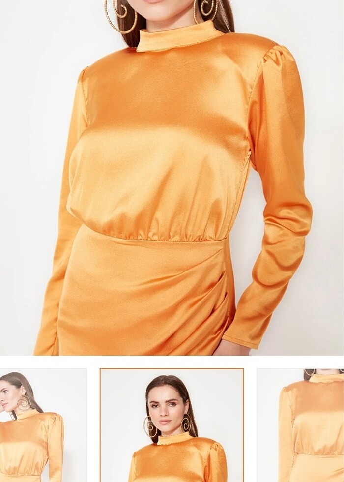 Turuncu Dik Yaka Dokuma Saten Kısa Şık Abiye Elbise - Görsel 4