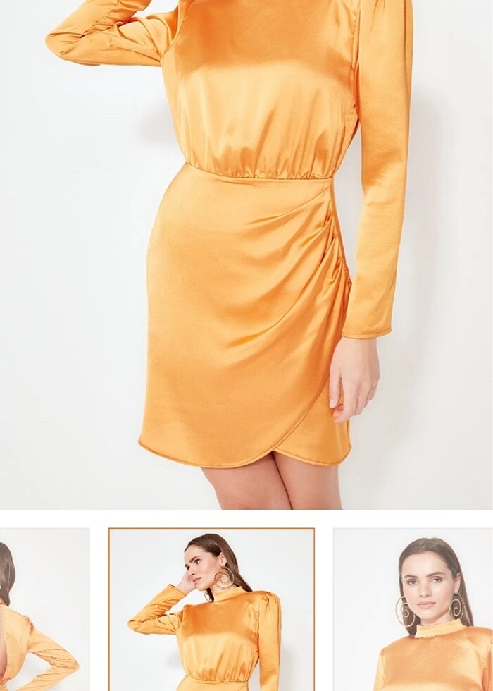 Turuncu Dik Yaka Dokuma Saten Kısa Şık Abiye Elbise - Görsel 5