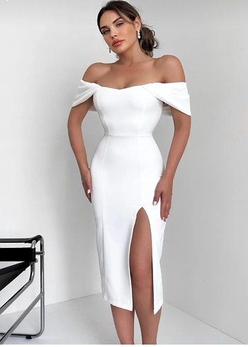 Beyaz Midi Straplez Nikah Elbisesi - Görsel 3