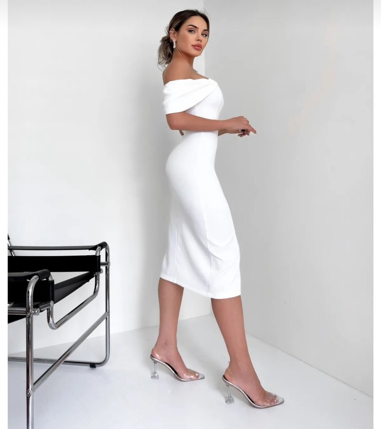 Beyaz Midi Straplez Nikah Elbisesi - Görsel 5