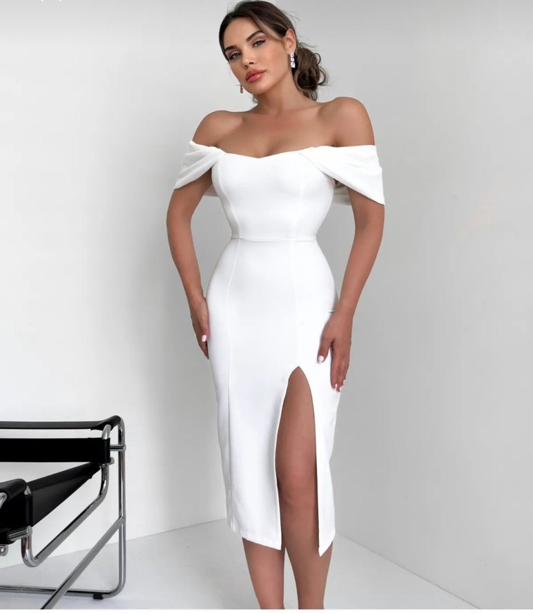 Beyaz Midi Straplez Nikah Elbisesi - Görsel 3