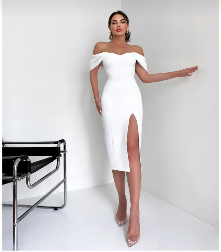 Beyaz Midi Straplez Nikah Elbisesi - Görsel 4