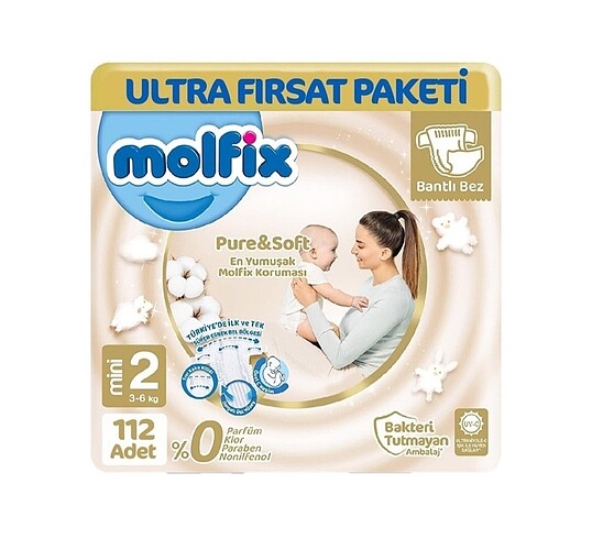 2 Beden: 3-6 kg Beden Molfix Pure & Soft 2 Numara bebek bezi