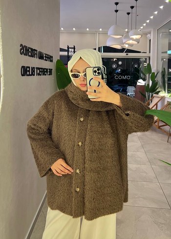 Kahverengi Peluş Detaylı Midi Kadın Kaban