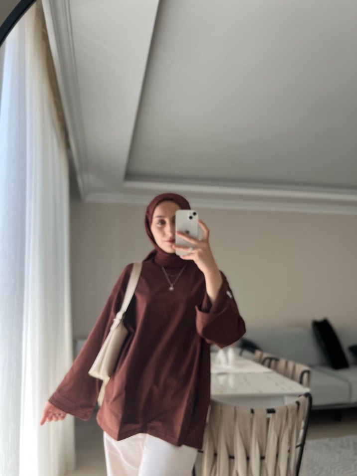 Kadın kahve Rengi Yüksek Yakalı Tunik - Görsel 2