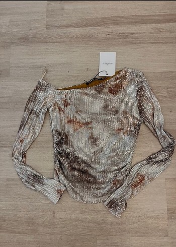 Pull and Bear Gri Payetli Uzun Kollu Bluz