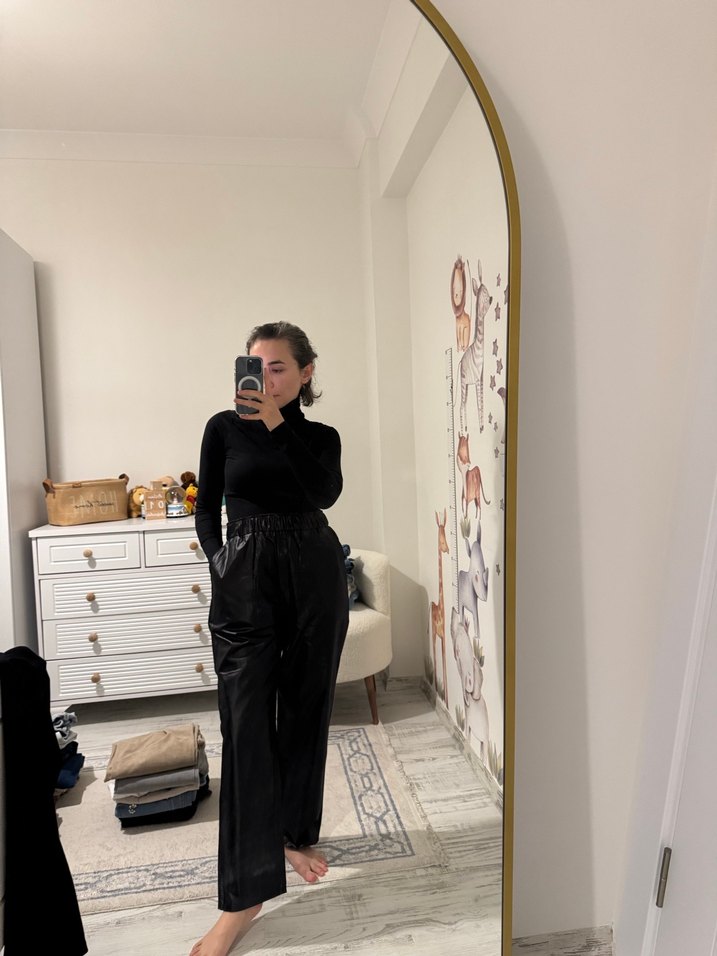 Düğmeli Siyah Deri pantalon - Görsel 2