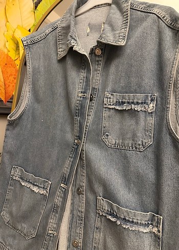 İKOLL Düğmeli Mavi Kot Yelek - Görsel 2