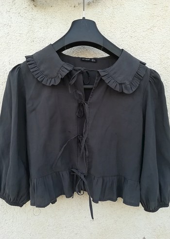Siyah Fırfırlı Keten Mini Bluz