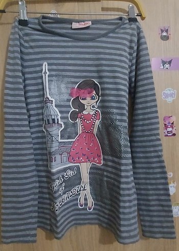 LC Waikiki Kız Çocuk Gri Çizgili Uzun Kollu Tişört
