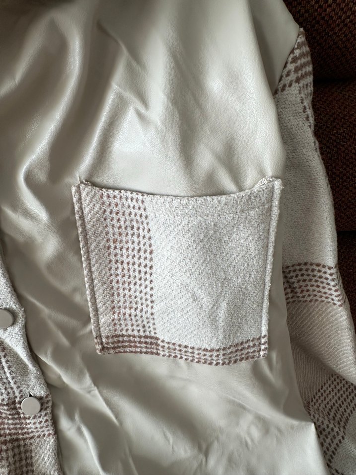 Düğmeli, Uzun Kollu, Bir Kısmı Deri Oversize Kadın Gömlek - Görsel 3