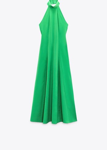 Yeşil Uzun Drapeli Yüksek Yakalı Elbise - Görsel 4
