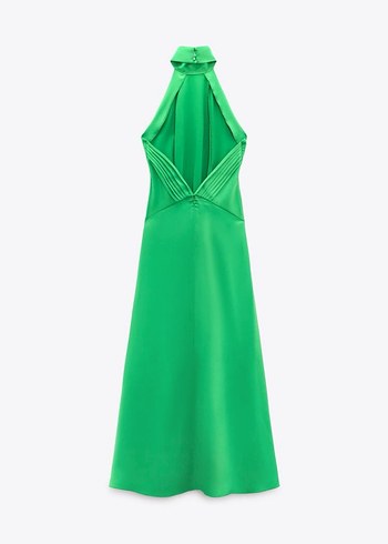 Yeşil Uzun Drapeli Yüksek Yakalı Elbise - Görsel 5