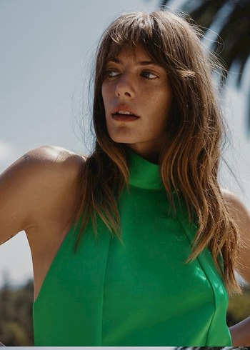 Yeşil Uzun Drapeli Yüksek Yakalı Elbise - Görsel 2