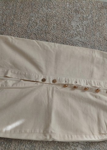 Düğmeli Bej Keten Kadın Midi Etek