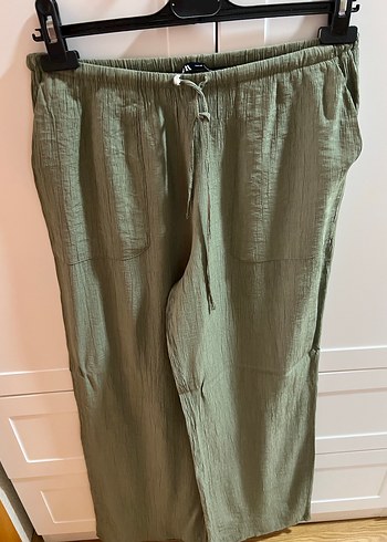 Kadın Haki Bol Kesim Keten Pantolon - Görsel 2