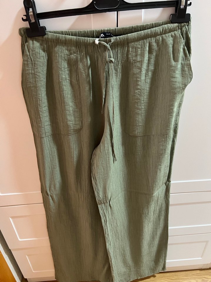 Kadın Haki Bol Kesim Keten Pantolon - Görsel 2