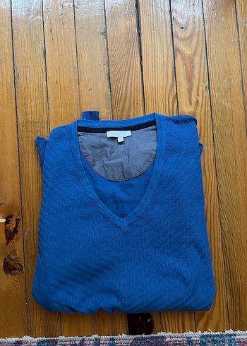 Mavi V Yaka Uzun Kollu Triko Kazak - Görsel 2