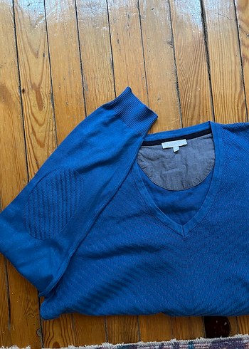 Mavi V Yaka Uzun Kollu Triko Kazak - Görsel 3