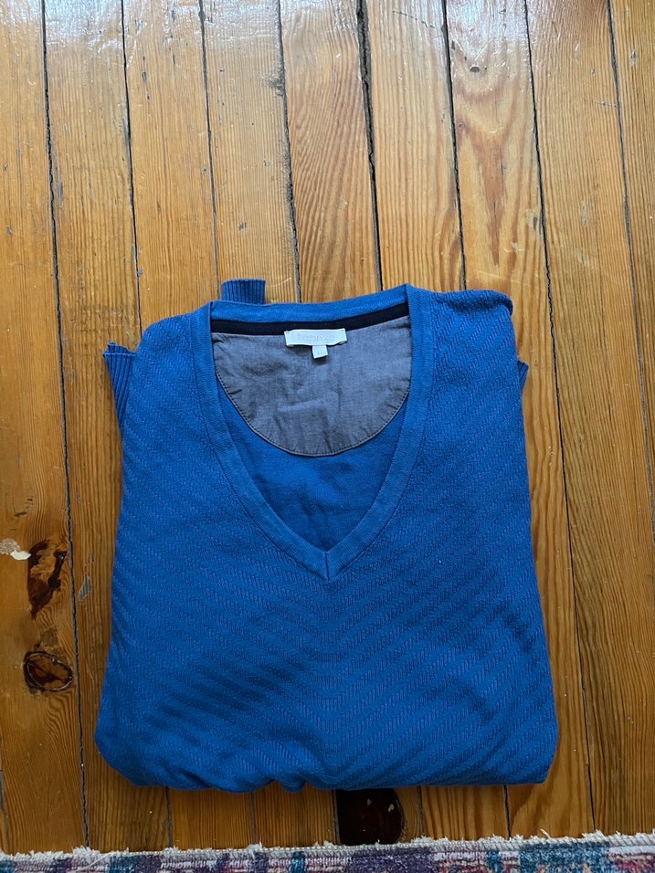 Mavi V Yaka Uzun Kollu Triko Kazak - Görsel 2