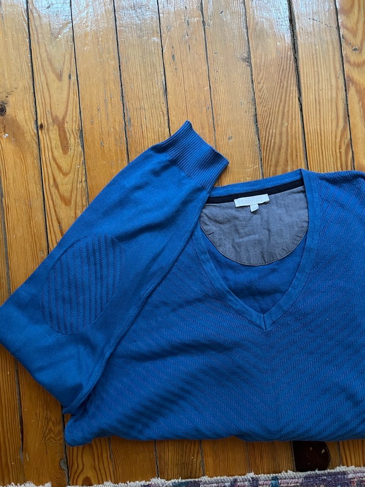 Mavi V Yaka Uzun Kollu Triko Kazak - Görsel 3