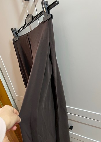 Kadın Kahverengi Salaş Saten Pantolon orijinal wide leg - Görsel 2