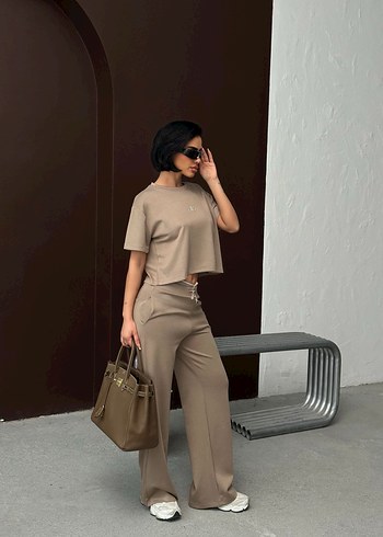 Bej Alo Kadın Rahat Kesim Kısa Kollu Eşofman Takımı - Görsel 2