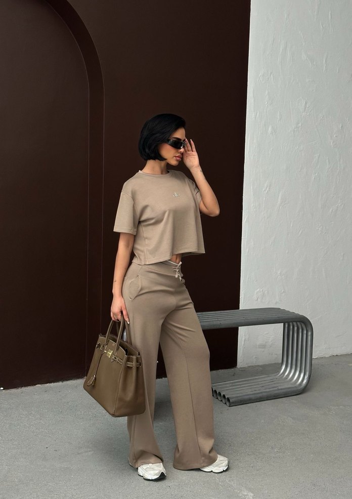 Bej Alo Kadın Rahat Kesim Kısa Kollu Eşofman Takımı - Görsel 2