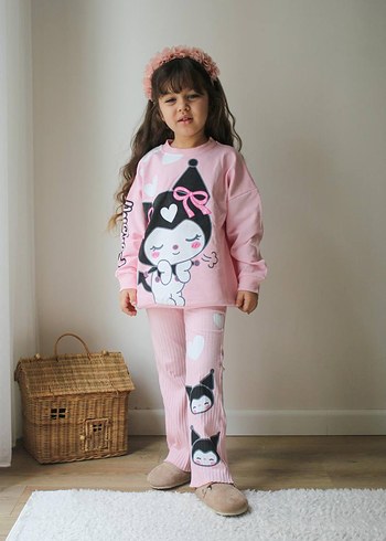 7 Yaş Beden Kız Çocuk Kuromi Pembe Pamuklu Eşofman Takımı