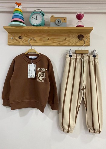 Kahverengi Baskılı Erkek Çocuk Sweatshirt ve Eşofman Takımı