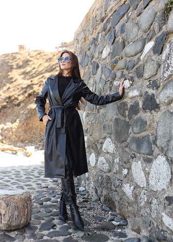 Siyah Deri Kemerli Uzun Trençkot - Görsel 3