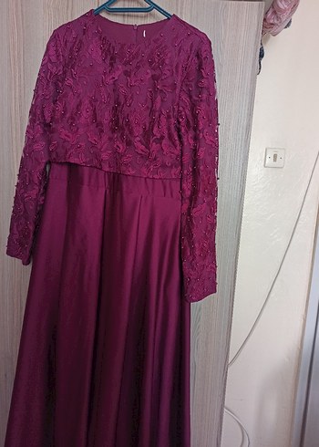 Mürdüm  Uzun Kollu İşlemeli Abiye Elbise - Görsel 2