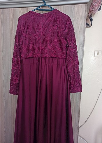 Mürdüm  Uzun Kollu İşlemeli Abiye Elbise - Görsel 3