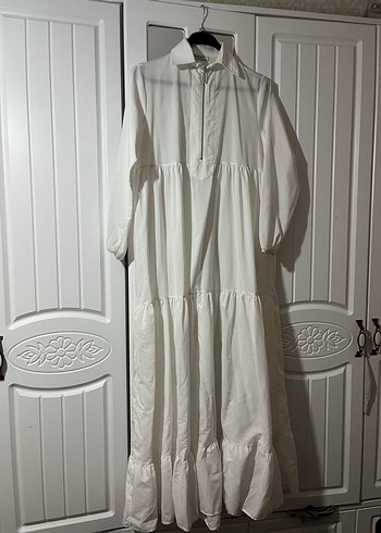 Uzun Beyaz Keten Bohem Elbise - Görsel 3